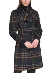 Calvin Klein Womens Wool Blend Belted Wrap Coat, Created for Macys - Black Plaid