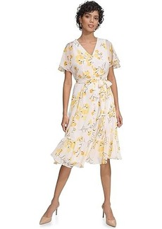 Calvin Klein Chiffon Midi Dress with Flutter Sleeves