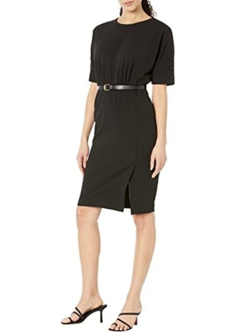 Calvin Klein Scuba Crepe Dress with Belt and Sleeve Button Detail