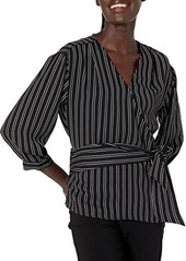Calvin Klein Stripe 3/4 Sleeve Wrap Top with Belt
