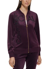 Calvin Klein Velour Zip-Front Sweatshirt With Faux Leather Logo Detail