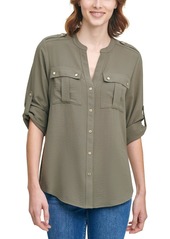 Calvin Klein Womens Pocket Oversized Button-Down Top