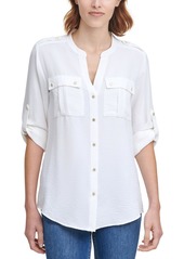 Calvin Klein Womens Pocket Oversized Button-Down Top