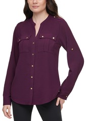 Calvin Klein Womens Pocket Oversized Button-Down Top