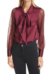 CAMI NYC Camberlyn Lace Sleeve Tie Neck Silk Blouse