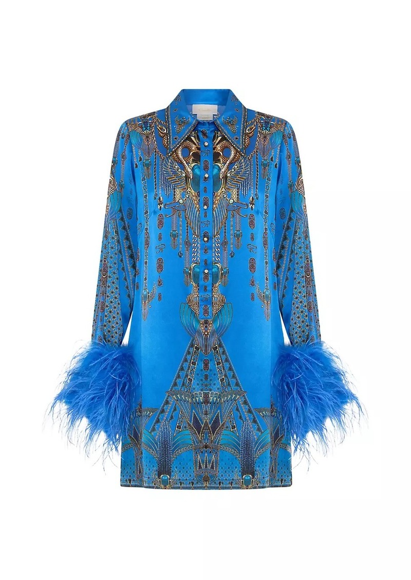 Camilla Archival Silk & Feather Mini Shirtdress