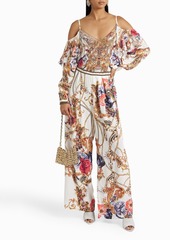 Camilla - Cold-shoulder embellished printed silk crepe de chine top - White - S