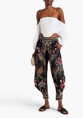 Camilla - Crystal-embellished printed stretch-jersey tapered pants - Black - L