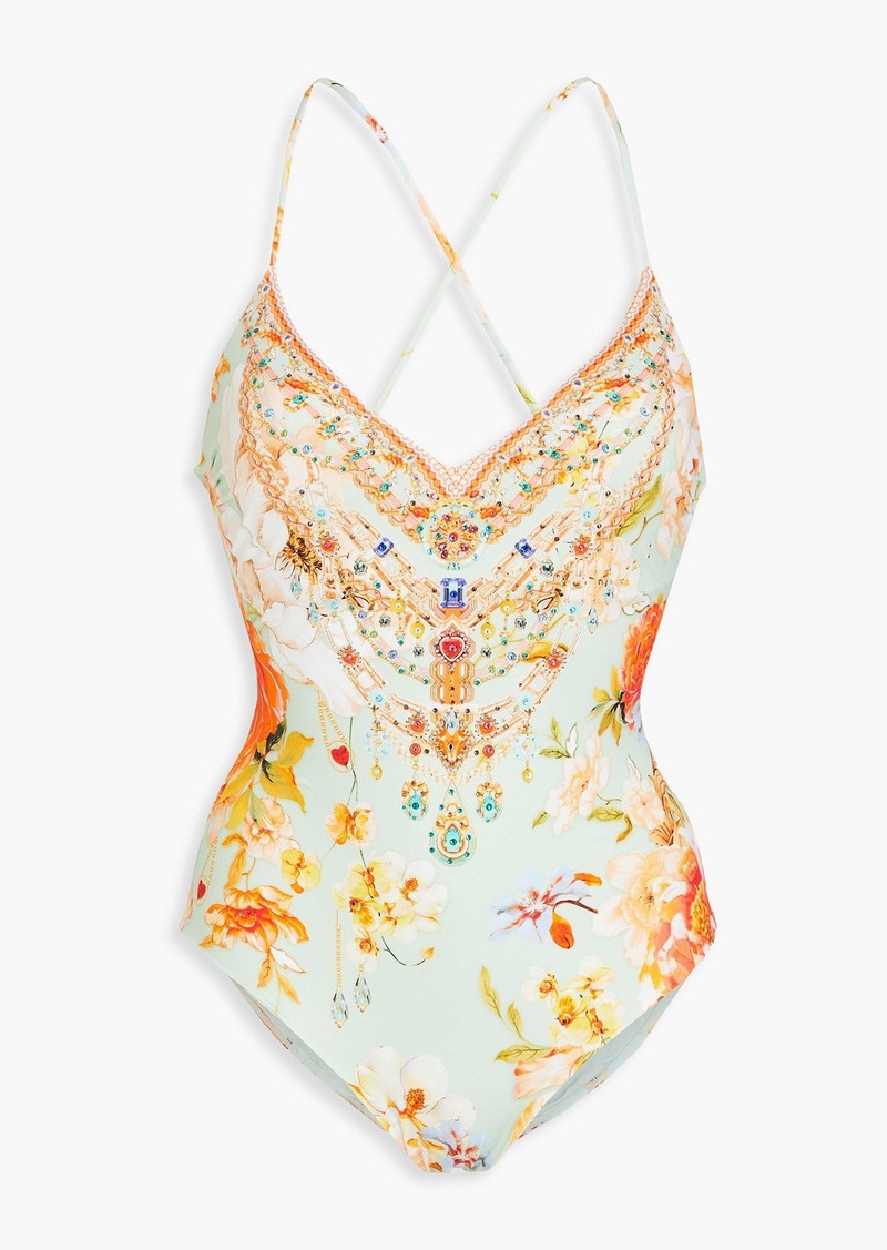 Camilla - Crystal-embellished floral-print swimsuit - Blue - M