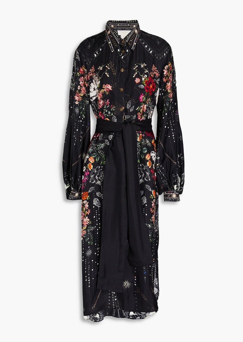 Camilla - Crystal-embellished printed silk-twill midi shirt dress - Black - XL