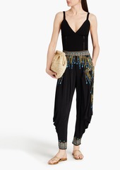 Camilla - Crystal-embellished printed stretch-jersey tapered pants - Black - S