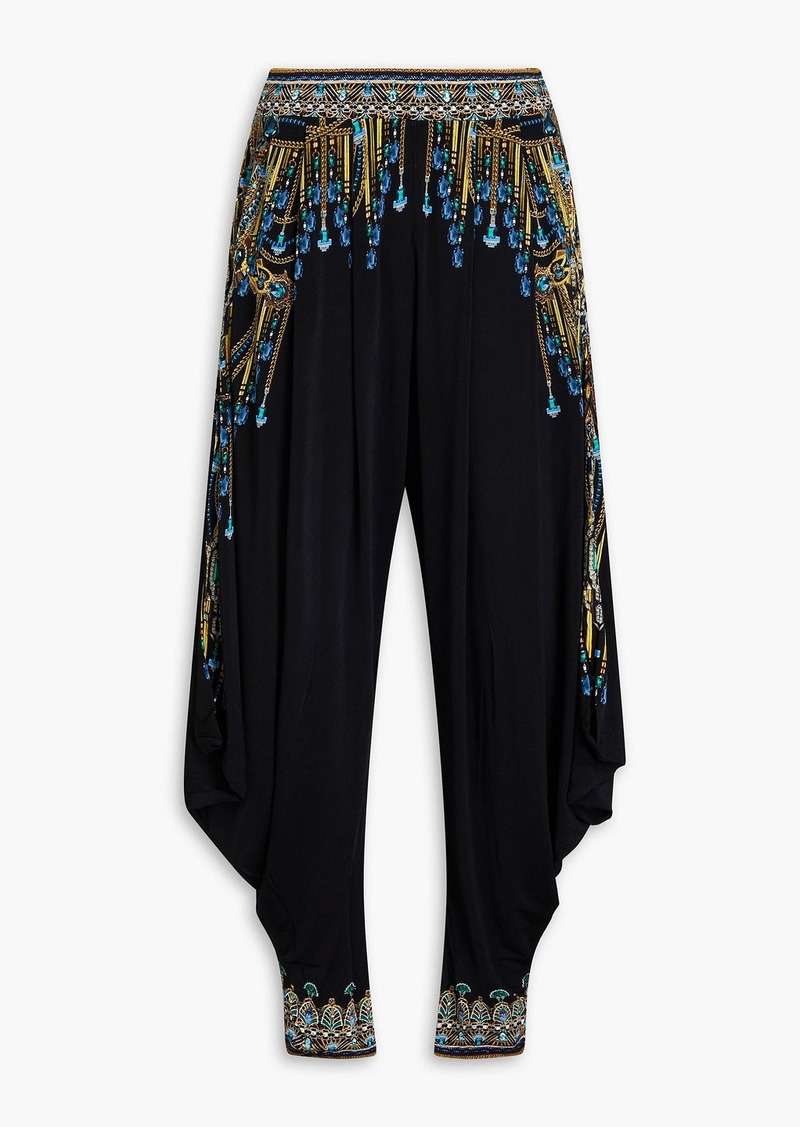 Camilla - Crystal-embellished printed stretch-jersey tapered pants - Black - S
