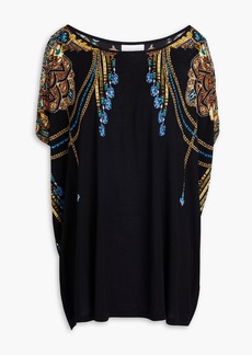 Camilla - Crystal-embellished printed stretch-modal jersey top - Black - S
