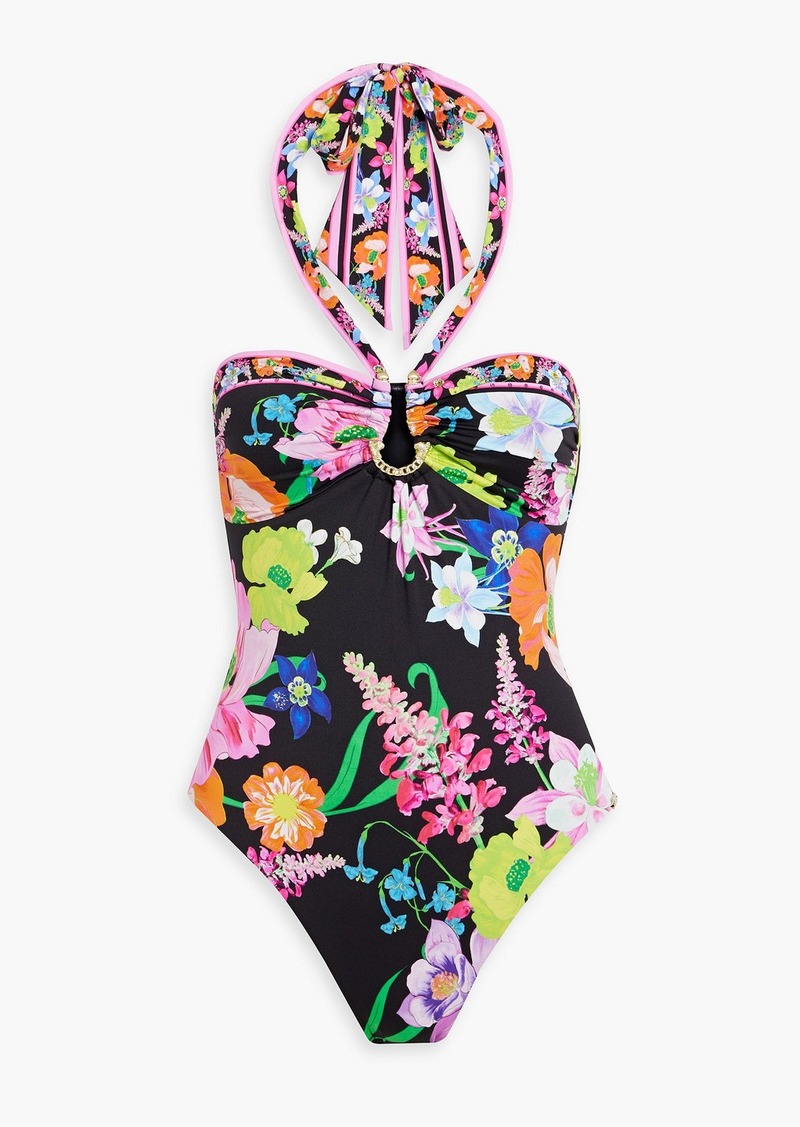 Camilla - Embellished floral-print halterneck swimsuit - Black - XS