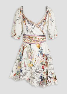 Camilla - Embellished floral-print linen mini wrap dress - White - XS