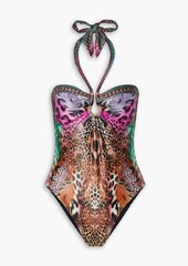 Camilla - Embellished printed halterneck swimsuit - Animal print - UK 8