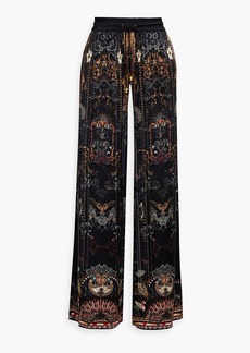 Camilla - Embellished printed silk-satin wide-leg pants - Black - M