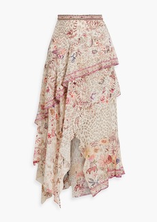 Camilla - Tiered embellished printed silk-chiffon midi skirt - White - L