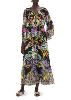 Camilla Beaded Mixed Print Long Sleeve Silk Maxi Dress