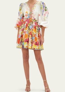 Camilla Blouson-Sleeve Flared Cotton-Silk Mini Dress