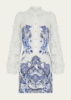 Camilla Butterfly Lace-Sleeve Button-Front Mini Dress
