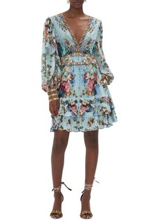 Camilla Crystal Detail Mixed Print Long Sleeve Silk Dress