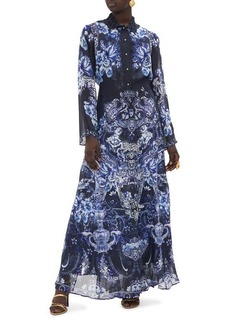 Camilla Floral Cutwork Lace Collar Long Sleeve Silk Shirtdress