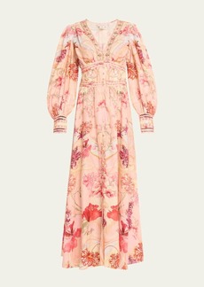 Camilla Floral Linen Shaped Waistband Maxi Dress