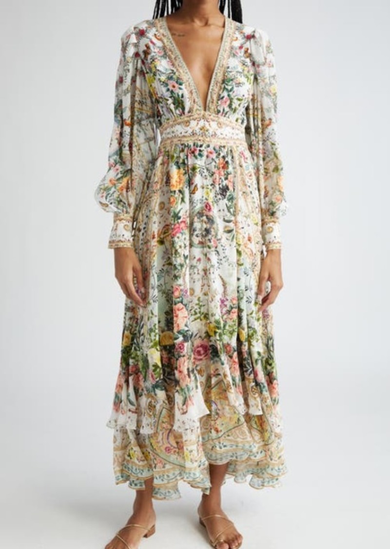 Camilla Floral Long Sleeve Plunge Neck Silk Maxi Dress