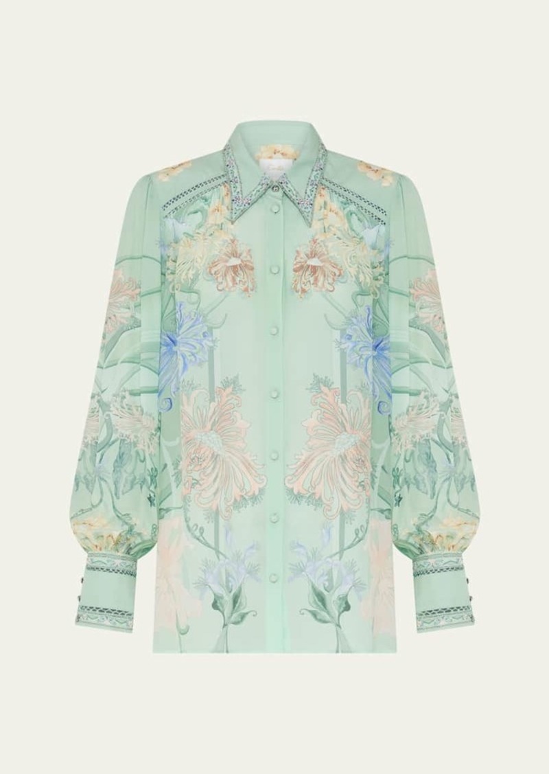 Camilla Floral Silk Button-Front Blouson-Sleeve Blouse
