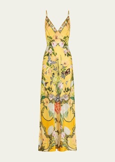 Camilla Floral Silk Long Bias Slip Dress with Train