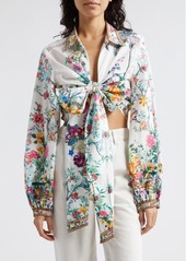 Camilla Plumes & Parterres Print Tie Front Cotton Poplin Crop Shirt