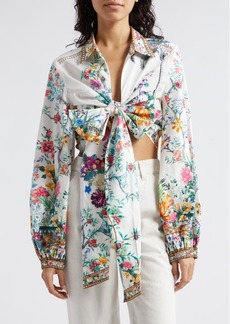 Camilla Plumes & Parterres Print Tie Front Cotton Poplin Crop Shirt