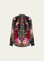 Camilla Raglan Button-Front Floral SIlk Shirt