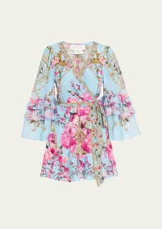 Camilla Ruffle-Sleeve Floral Silk Mini Wrap Dress