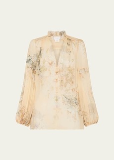 Camilla Silk Frill Collared Blouson-Sleeve Blouse