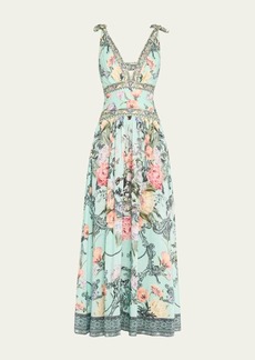 Camilla Tie-Shoulder Sleeveless Floral Silk Maxi Dress