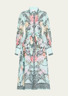 Camilla Waist-Tie Floral Linen Maxi Shirtdress