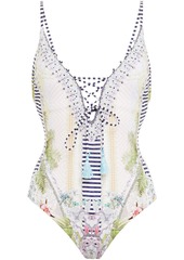 Camilla Woman Crystal-embellished Lace-up Printed Swimsuit White