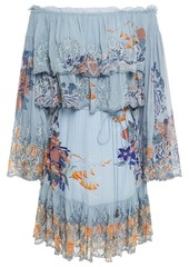 Camilla Woman Off-the-shoulder Tiered Printed Georgette And Silk Crepe De Chine Mini Dress Sky Blue