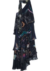 Camilla Woman One-shoulder Tiered Tie-neck Printed Silk-chiffon Midi Dress Midnight Blue