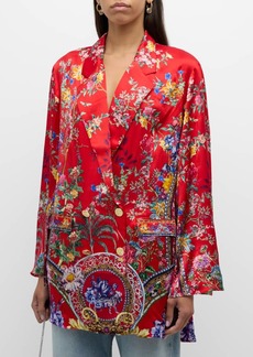 Camilla Flared-Sleeve Double-Breasted Floral Silk Jacket