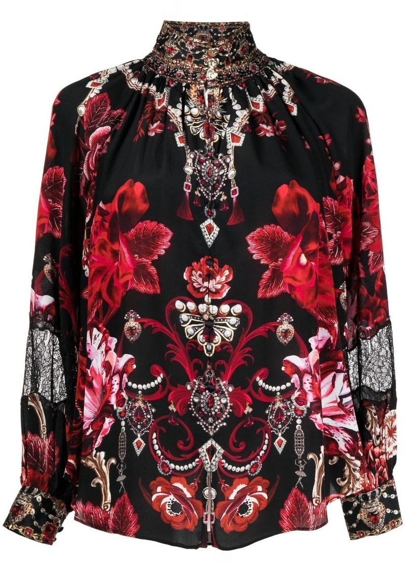 Camilla floral-print buttoned high-neck blouse