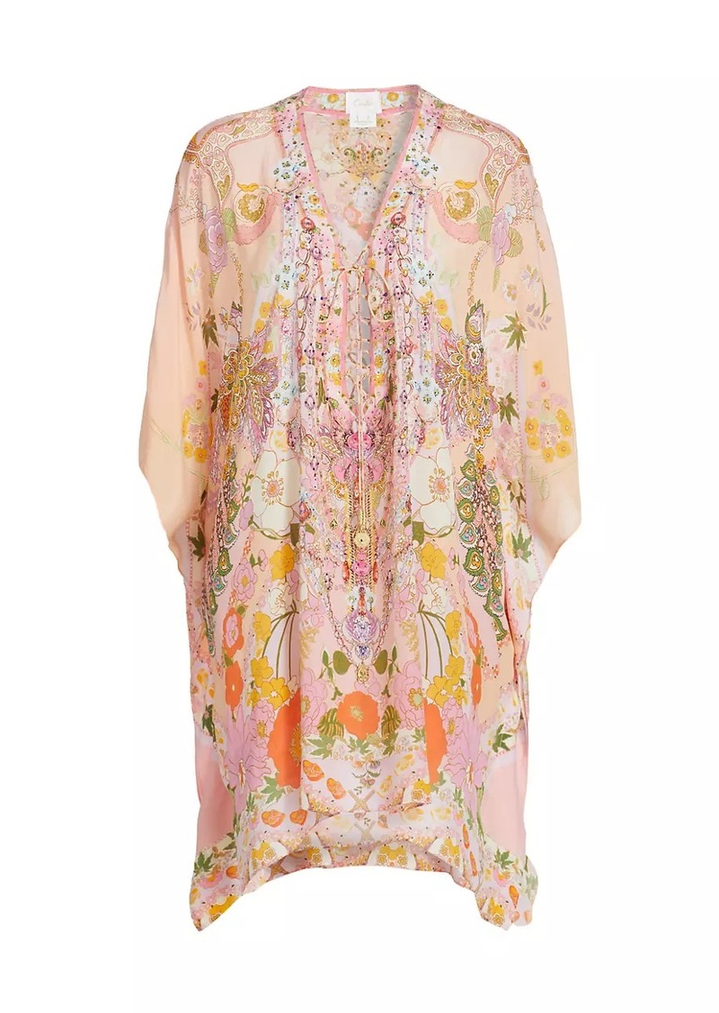 Camilla Floral Silk Lace-Up Short Kaftan