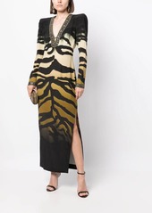 Camilla padded-shoulder tiger-print dress