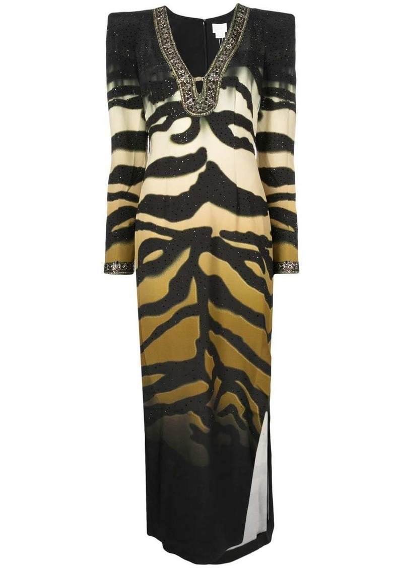 Camilla padded-shoulder tiger-print dress