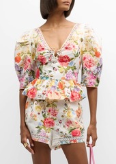 Camilla Puff-Sleeve Floral Cotton Top with Hardware