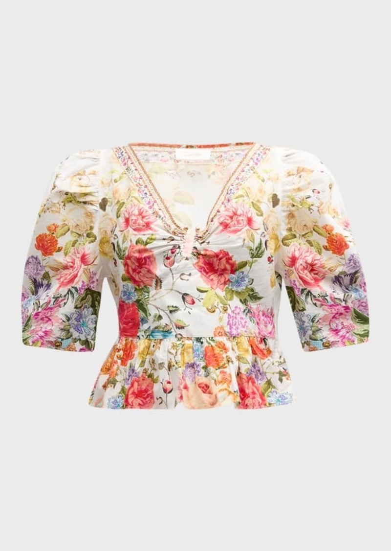 Camilla Puff-Sleeve Floral Cotton Top with Hardware