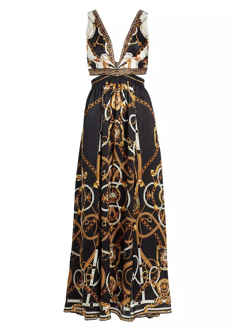 Camilla Status Print Silk Cut-Out Maxi Dress