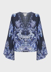 Camilla V-Neck Blouson-Sleeve Printed Silk Blouse